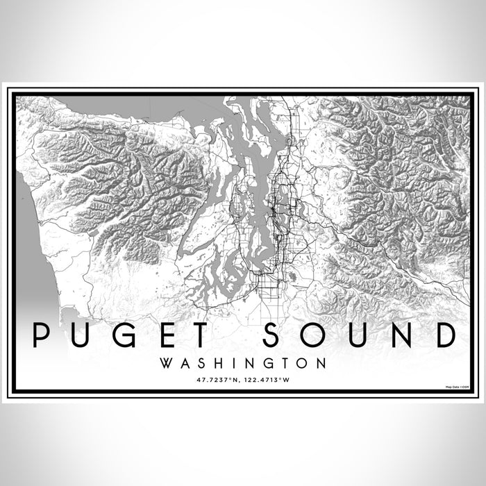 Puget Sound Washington Map Print Landscape Orientation in Classic Style With Shaded Background