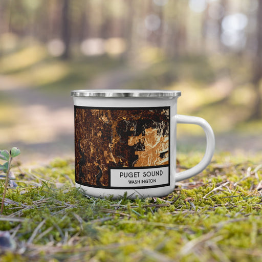 Right View Custom Puget Sound Washington Map Enamel Mug in Ember on Grass With Trees in Background