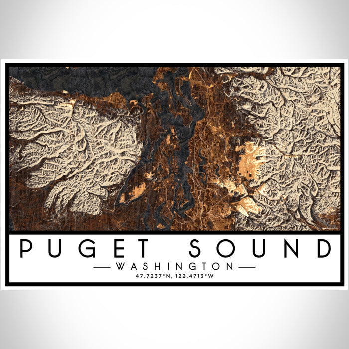 Puget Sound Washington Map Print Landscape Orientation in Ember Style With Shaded Background