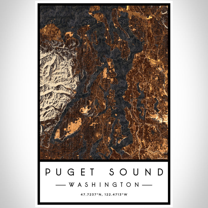 Puget Sound Washington Map Print Portrait Orientation in Ember Style With Shaded Background