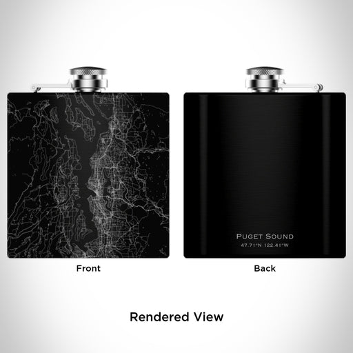 Rendered View of Puget Sound Washington Map Engraving on 6oz Stainless Steel Flask in Black