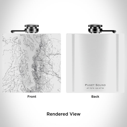 Rendered View of Puget Sound Washington Map Engraving on 6oz Stainless Steel Flask in White