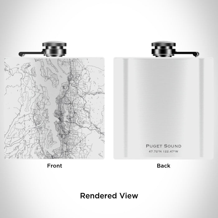Rendered View of Puget Sound Washington Map Engraving on 6oz Stainless Steel Flask in White