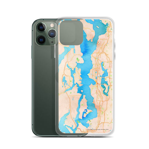 Custom Puget Sound Washington Map Phone Case in Watercolor on Table with Laptop and Plant
