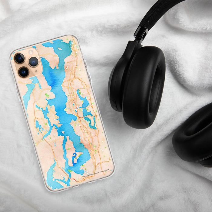 Custom Puget Sound Washington Map Phone Case in Watercolor on Table with Black Headphones