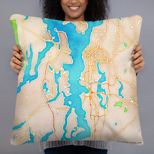 Person holding 22x22 Custom Puget Sound Washington Map Throw Pillow in Watercolor