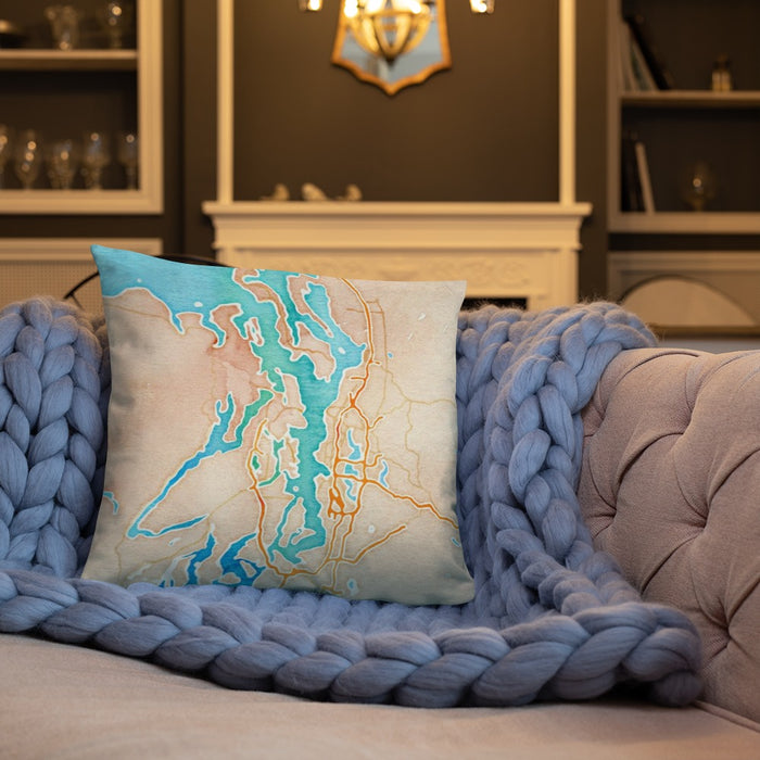 Custom Puget Sound Washington Map Throw Pillow in Watercolor on Cream Colored Couch
