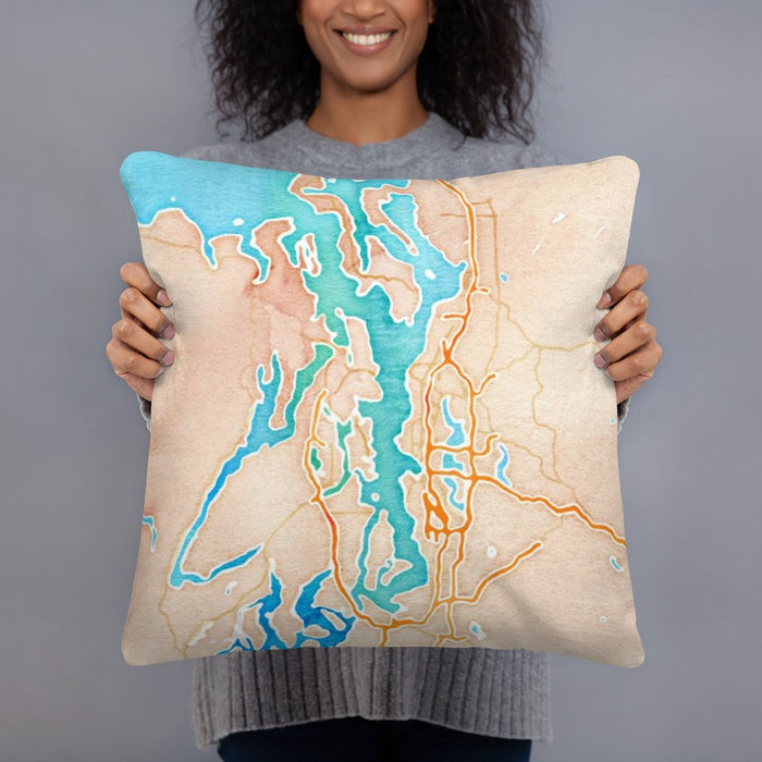 Person holding 18x18 Custom Puget Sound Washington Map Throw Pillow in Watercolor