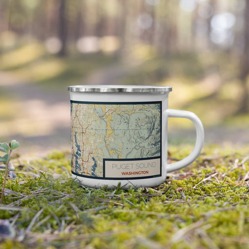 Right View Custom Puget Sound Washington Map Enamel Mug in Woodblock on Grass With Trees in Background