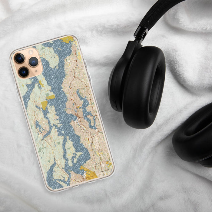 Custom Puget Sound Washington Map Phone Case in Woodblock on Table with Black Headphones
