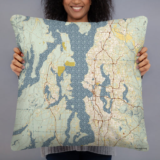 Person holding 22x22 Custom Puget Sound Washington Map Throw Pillow in Woodblock