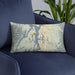 Custom Puget Sound Washington Map Throw Pillow in Woodblock on Blue Colored Chair