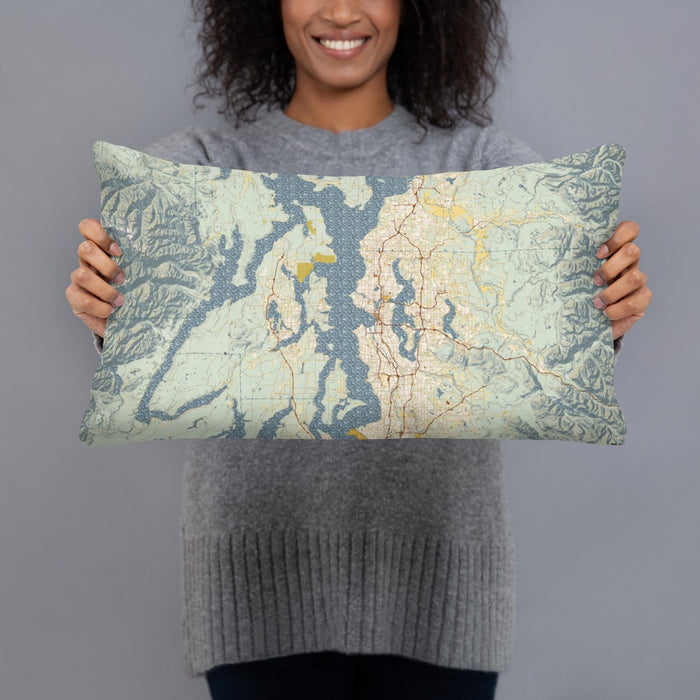 Person holding 20x12 Custom Puget Sound Washington Map Throw Pillow in Woodblock
