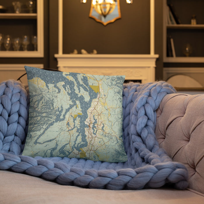 Custom Puget Sound Washington Map Throw Pillow in Woodblock on Cream Colored Couch
