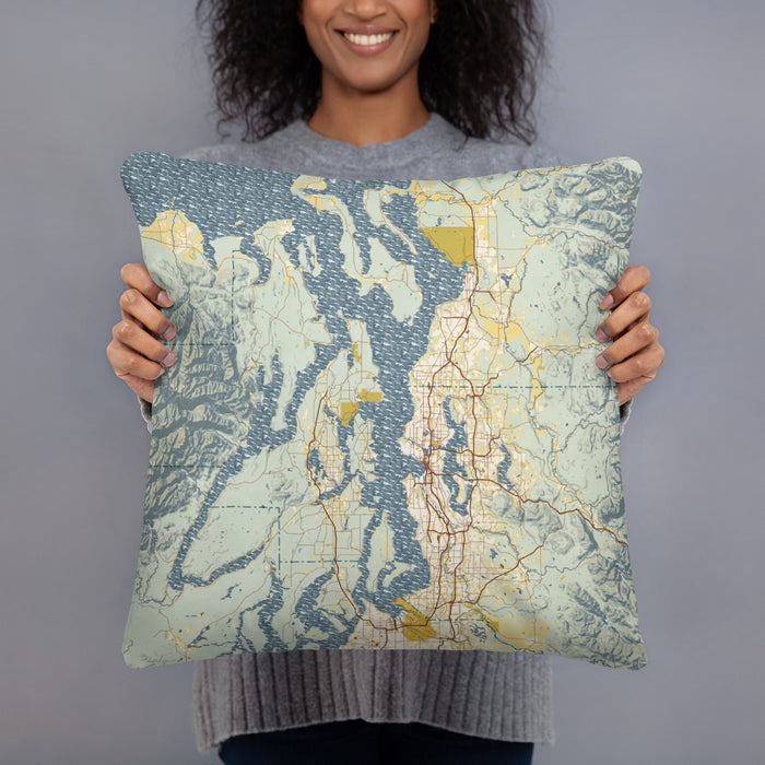 Person holding 18x18 Custom Puget Sound Washington Map Throw Pillow in Woodblock