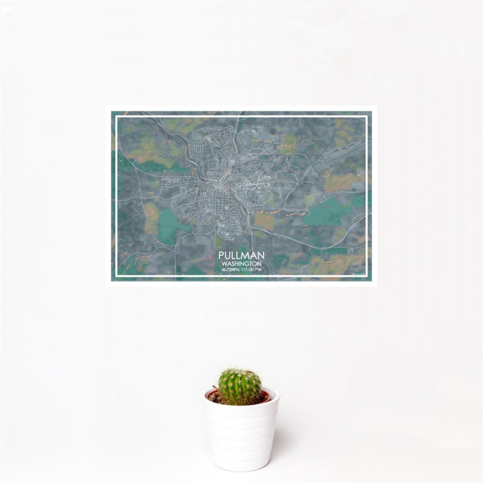12x18 Pullman Washington Map Print Landscape Orientation in Afternoon Style With Small Cactus Plant in White Planter