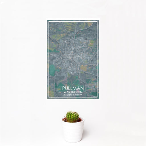 12x18 Pullman Washington Map Print Portrait Orientation in Afternoon Style With Small Cactus Plant in White Planter
