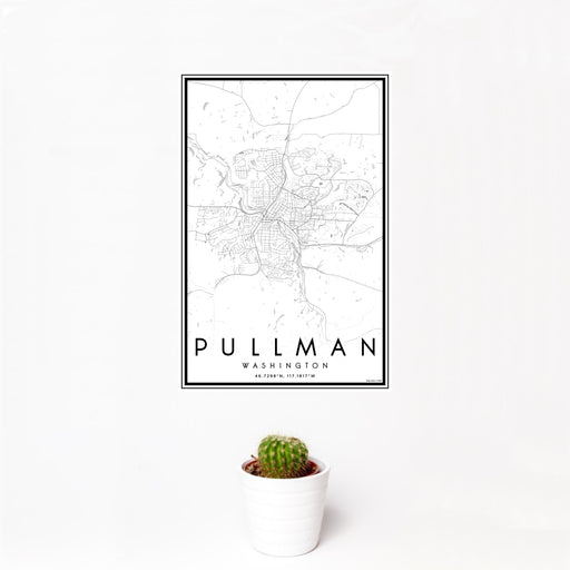 12x18 Pullman Washington Map Print Portrait Orientation in Classic Style With Small Cactus Plant in White Planter