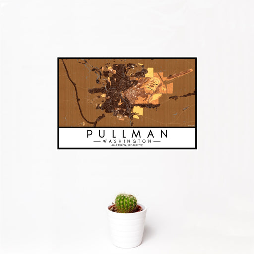 12x18 Pullman Washington Map Print Landscape Orientation in Ember Style With Small Cactus Plant in White Planter