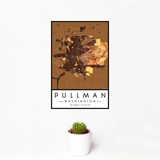 12x18 Pullman Washington Map Print Portrait Orientation in Ember Style With Small Cactus Plant in White Planter