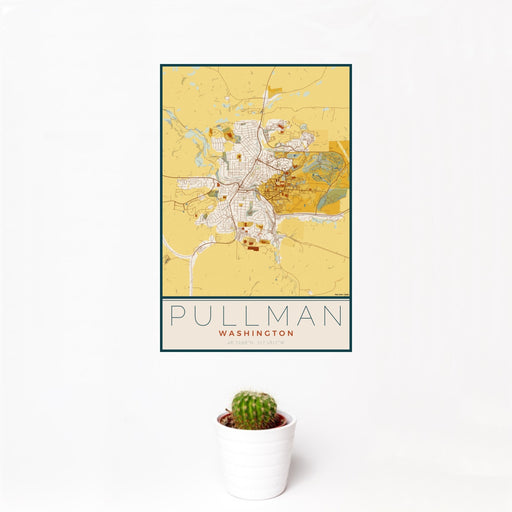 12x18 Pullman Washington Map Print Portrait Orientation in Woodblock Style With Small Cactus Plant in White Planter