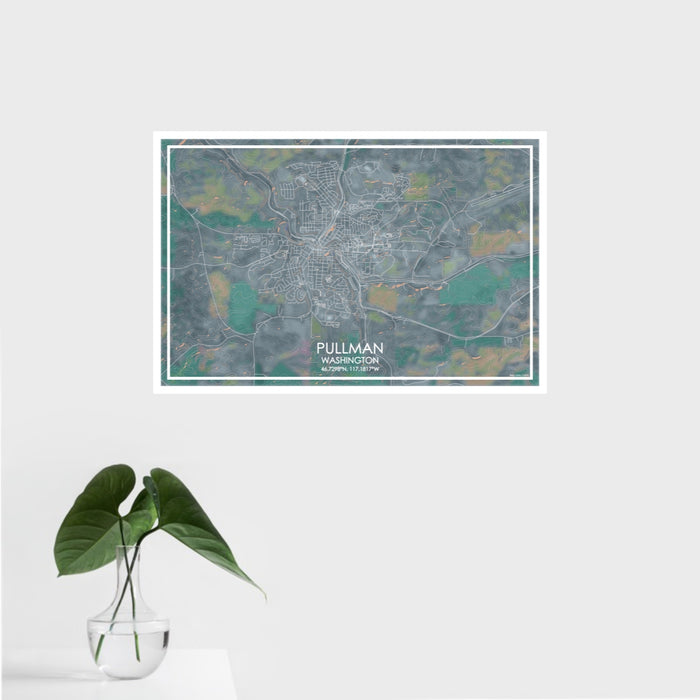 16x24 Pullman Washington Map Print Landscape Orientation in Afternoon Style With Tropical Plant Leaves in Water