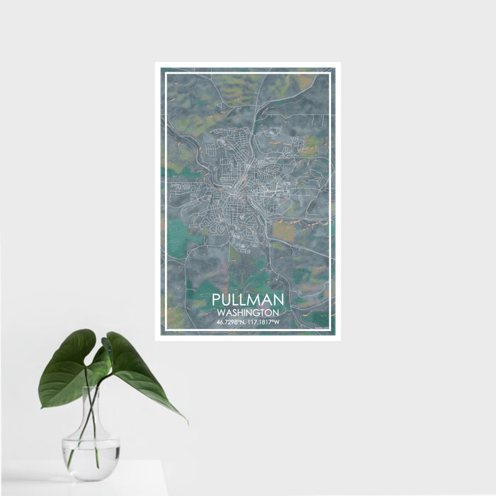 16x24 Pullman Washington Map Print Portrait Orientation in Afternoon Style With Tropical Plant Leaves in Water