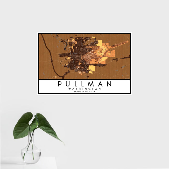 16x24 Pullman Washington Map Print Landscape Orientation in Ember Style With Tropical Plant Leaves in Water
