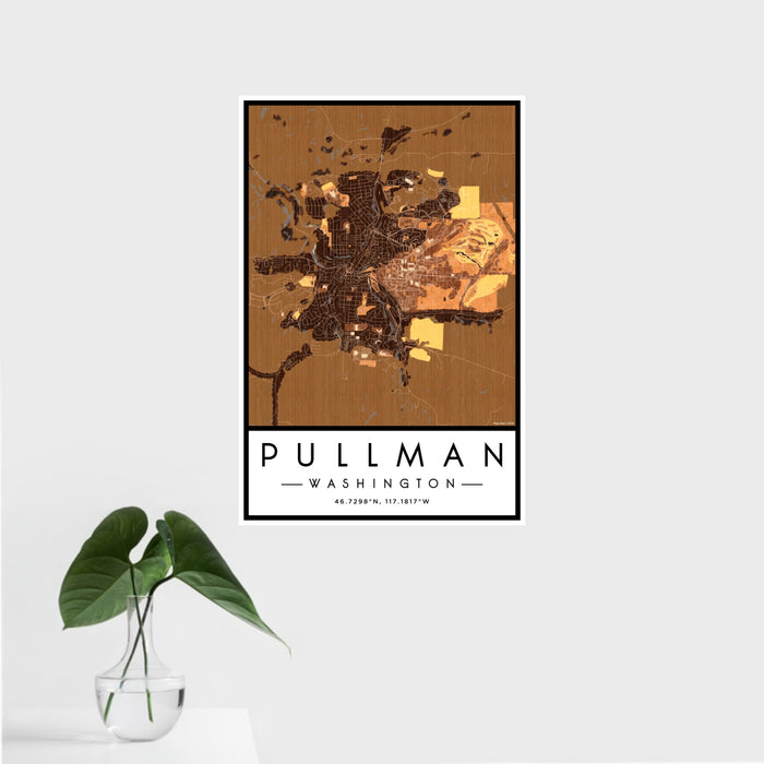 16x24 Pullman Washington Map Print Portrait Orientation in Ember Style With Tropical Plant Leaves in Water