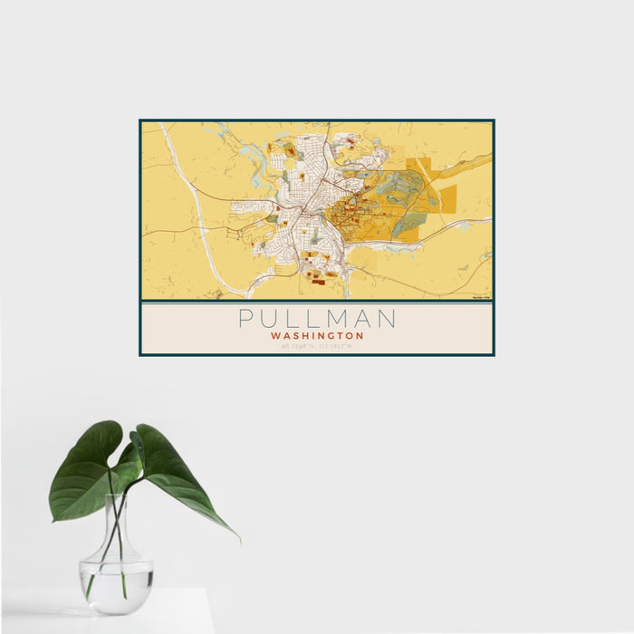 16x24 Pullman Washington Map Print Landscape Orientation in Woodblock Style With Tropical Plant Leaves in Water