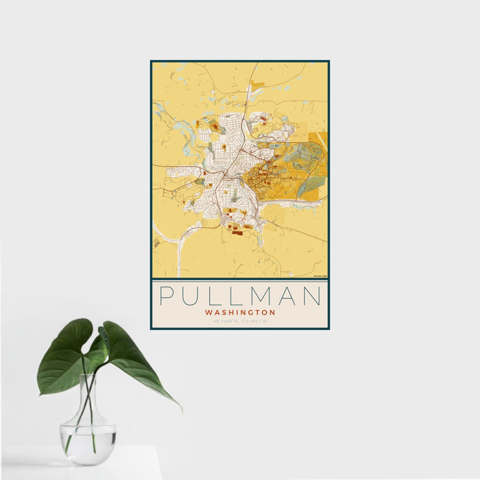 16x24 Pullman Washington Map Print Portrait Orientation in Woodblock Style With Tropical Plant Leaves in Water