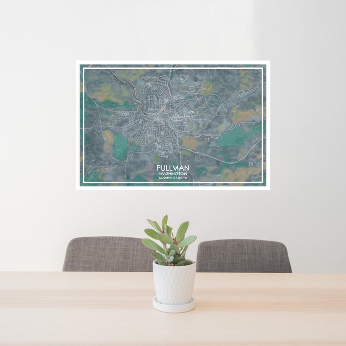 24x36 Pullman Washington Map Print Lanscape Orientation in Afternoon Style Behind 2 Chairs Table and Potted Plant