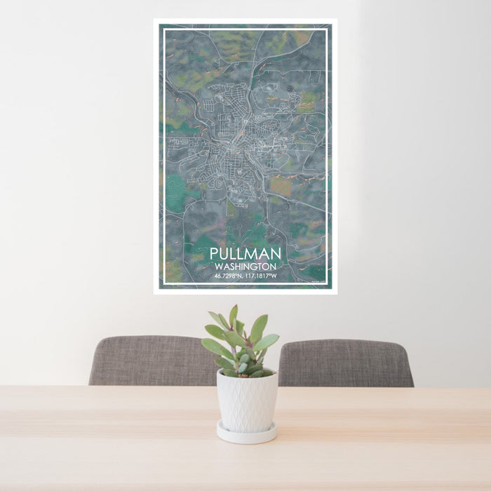 24x36 Pullman Washington Map Print Portrait Orientation in Afternoon Style Behind 2 Chairs Table and Potted Plant