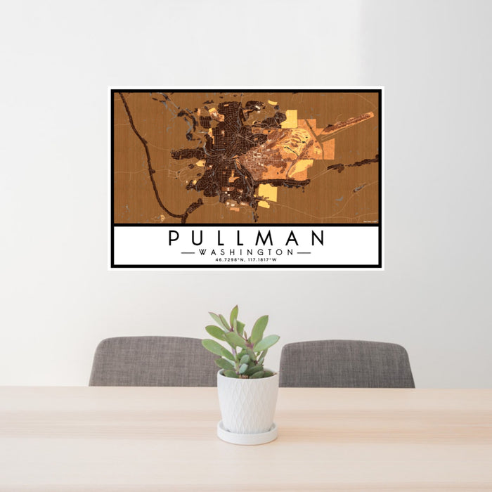 24x36 Pullman Washington Map Print Lanscape Orientation in Ember Style Behind 2 Chairs Table and Potted Plant
