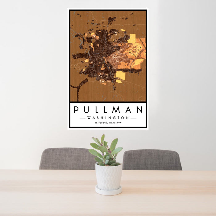 24x36 Pullman Washington Map Print Portrait Orientation in Ember Style Behind 2 Chairs Table and Potted Plant