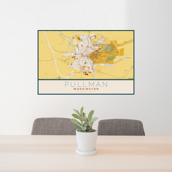 24x36 Pullman Washington Map Print Lanscape Orientation in Woodblock Style Behind 2 Chairs Table and Potted Plant