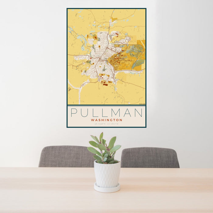 24x36 Pullman Washington Map Print Portrait Orientation in Woodblock Style Behind 2 Chairs Table and Potted Plant