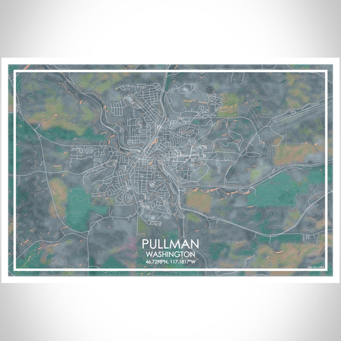 Pullman Washington Map Print Landscape Orientation in Afternoon Style With Shaded Background