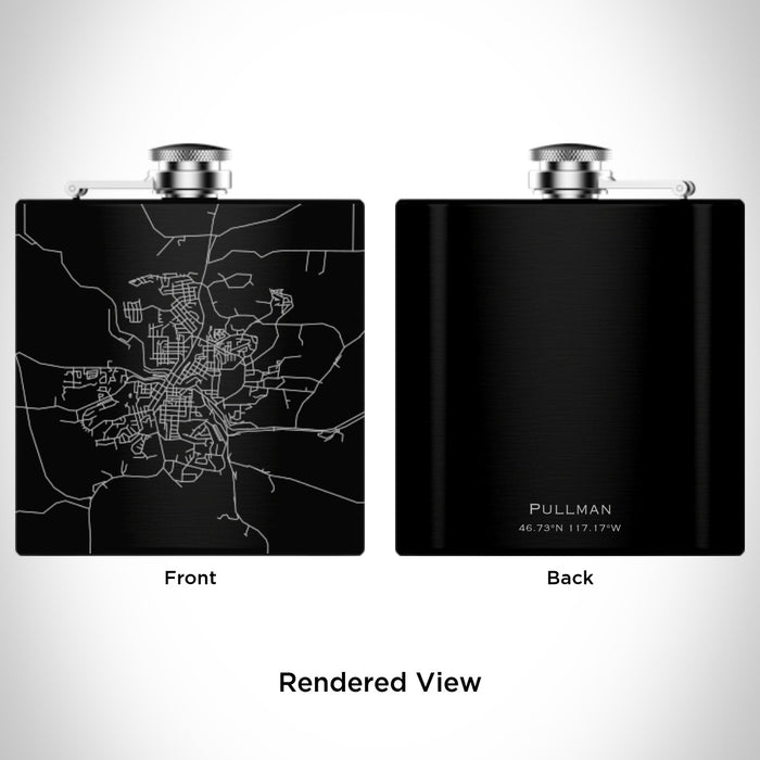 Rendered View of Pullman Washington Map Engraving on 6oz Stainless Steel Flask in Black