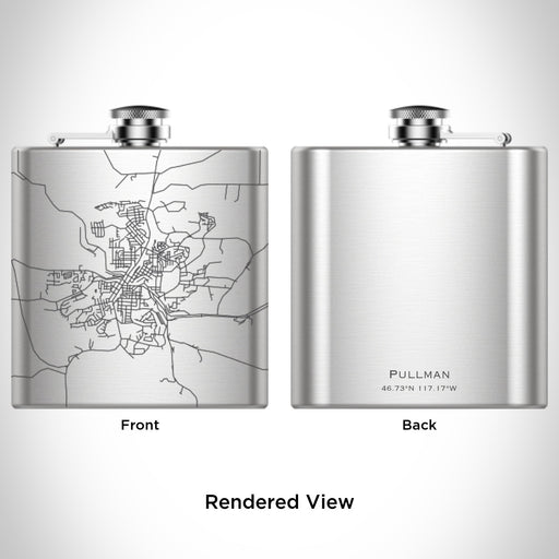 Rendered View of Pullman Washington Map Engraving on 6oz Stainless Steel Flask