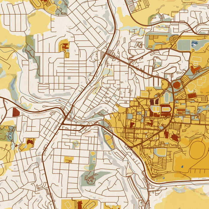 Pullman Washington Map Print in Woodblock Style Zoomed In Close Up Showing Details
