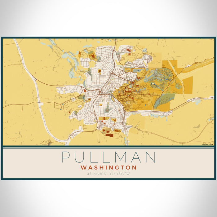 Pullman Washington Map Print Landscape Orientation in Woodblock Style With Shaded Background