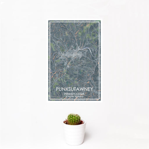 12x18 Punxsutawney Pennsylvania Map Print Portrait Orientation in Afternoon Style With Small Cactus Plant in White Planter