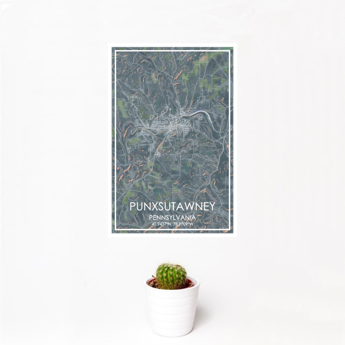 12x18 Punxsutawney Pennsylvania Map Print Portrait Orientation in Afternoon Style With Small Cactus Plant in White Planter
