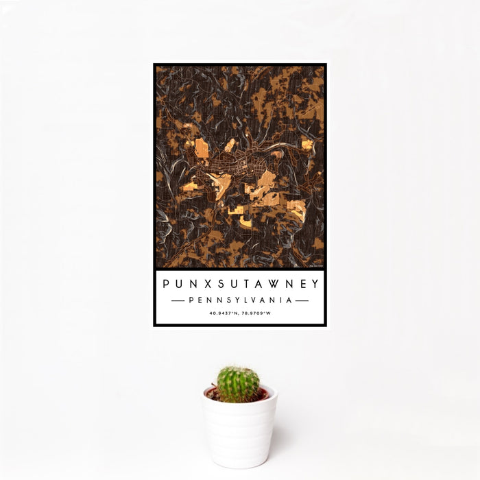 12x18 Punxsutawney Pennsylvania Map Print Portrait Orientation in Ember Style With Small Cactus Plant in White Planter