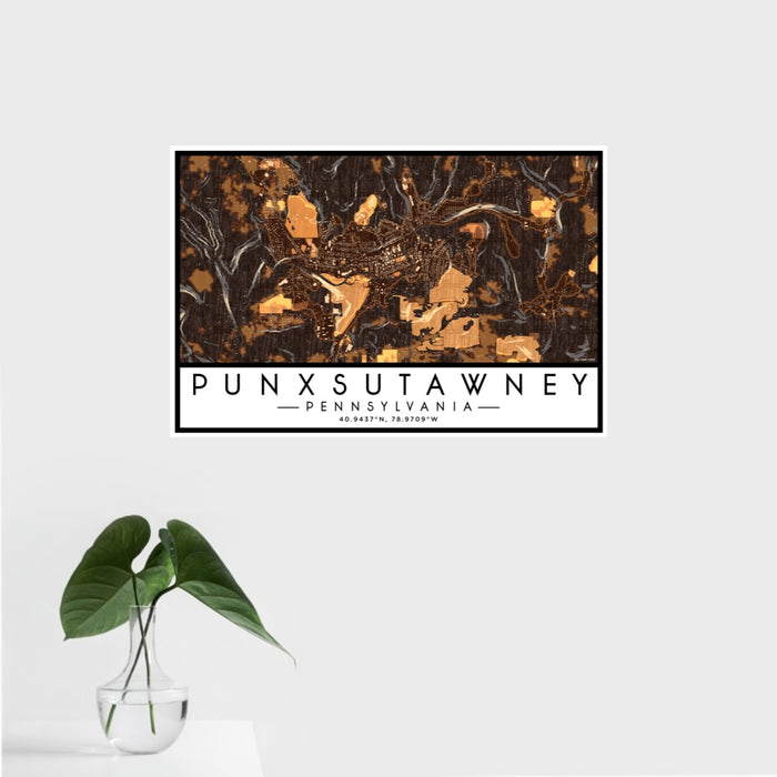 16x24 Punxsutawney Pennsylvania Map Print Landscape Orientation in Ember Style With Tropical Plant Leaves in Water