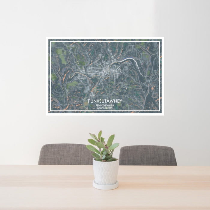 24x36 Punxsutawney Pennsylvania Map Print Lanscape Orientation in Afternoon Style Behind 2 Chairs Table and Potted Plant