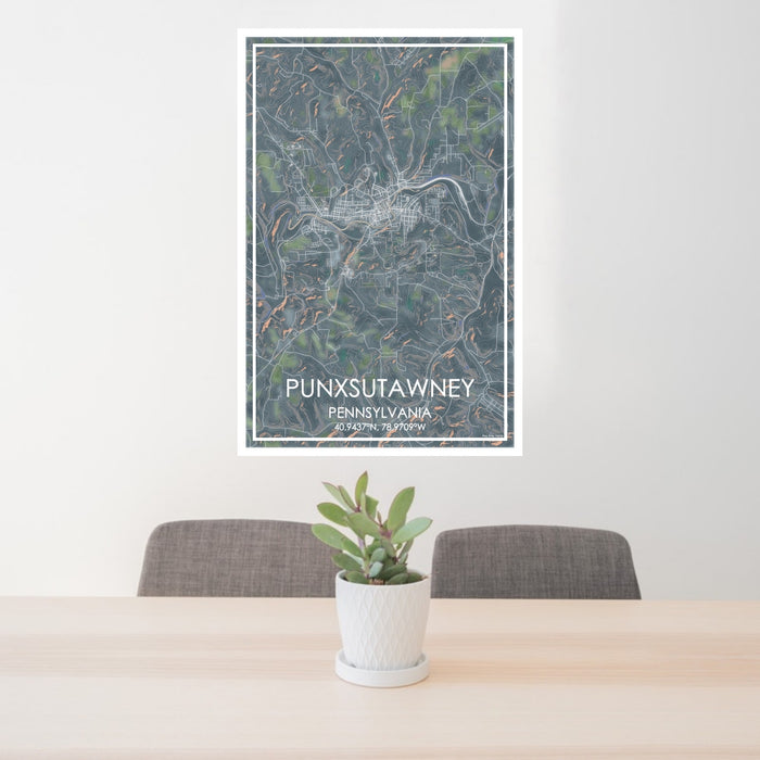 24x36 Punxsutawney Pennsylvania Map Print Portrait Orientation in Afternoon Style Behind 2 Chairs Table and Potted Plant