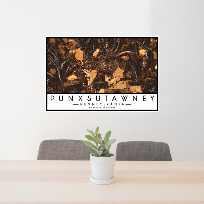 24x36 Punxsutawney Pennsylvania Map Print Lanscape Orientation in Ember Style Behind 2 Chairs Table and Potted Plant