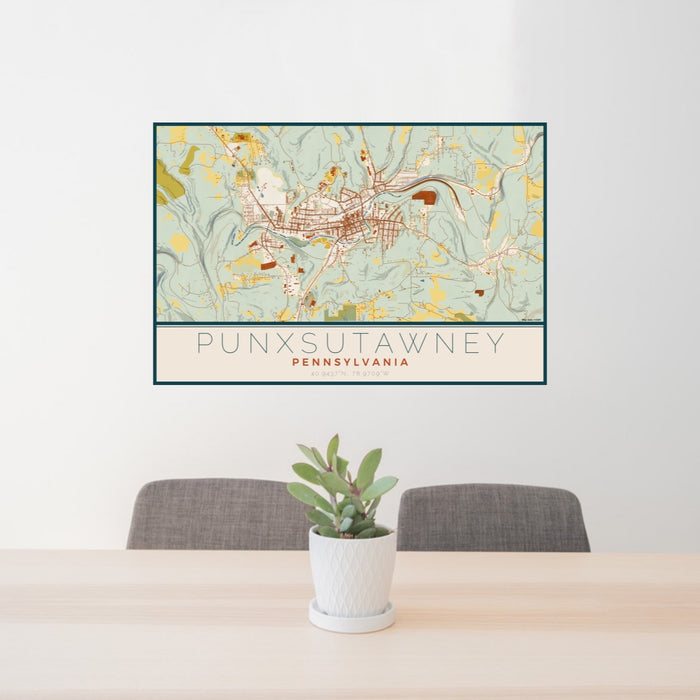 24x36 Punxsutawney Pennsylvania Map Print Lanscape Orientation in Woodblock Style Behind 2 Chairs Table and Potted Plant